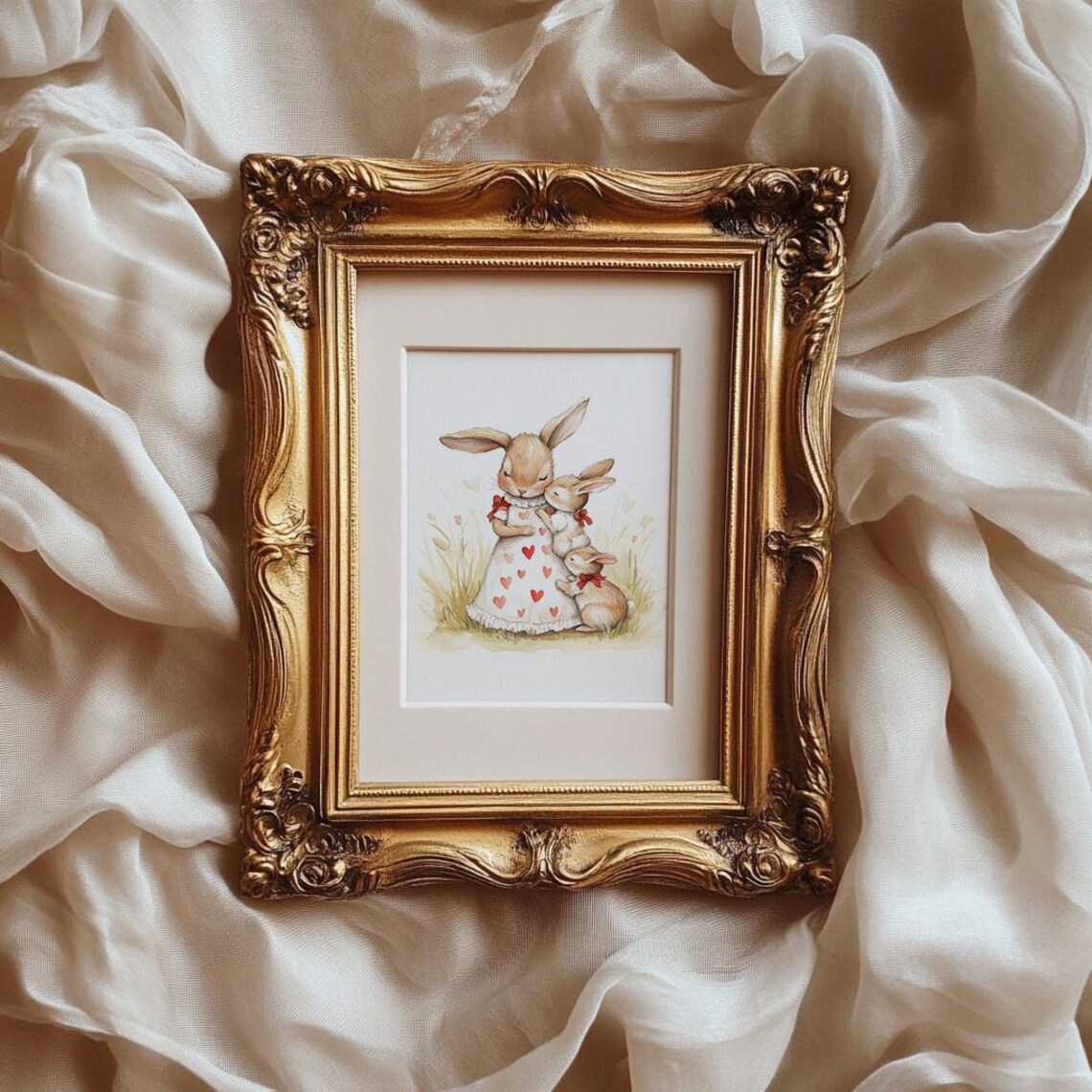 Mama Bunny Hugging Baby Rabbits Red Bow Nursery Watercolor Poster - Image 2