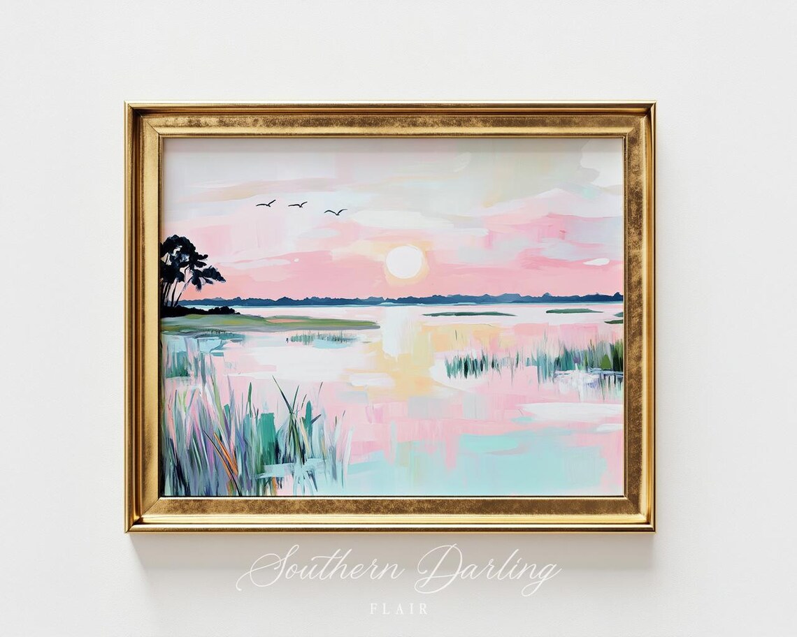 Pastel Marsh Sunset Wetland Birds Coastal Landscape Painting Poster