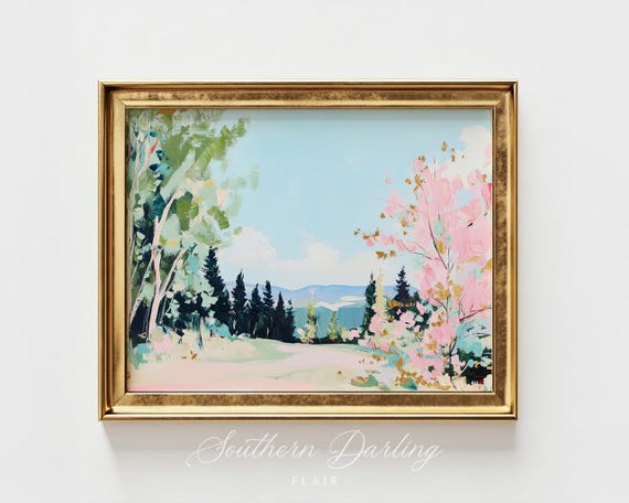 Pastel Scenic Mountain View Painting Vintage Style Oil Grandmillenial Style Spring Decor F 1