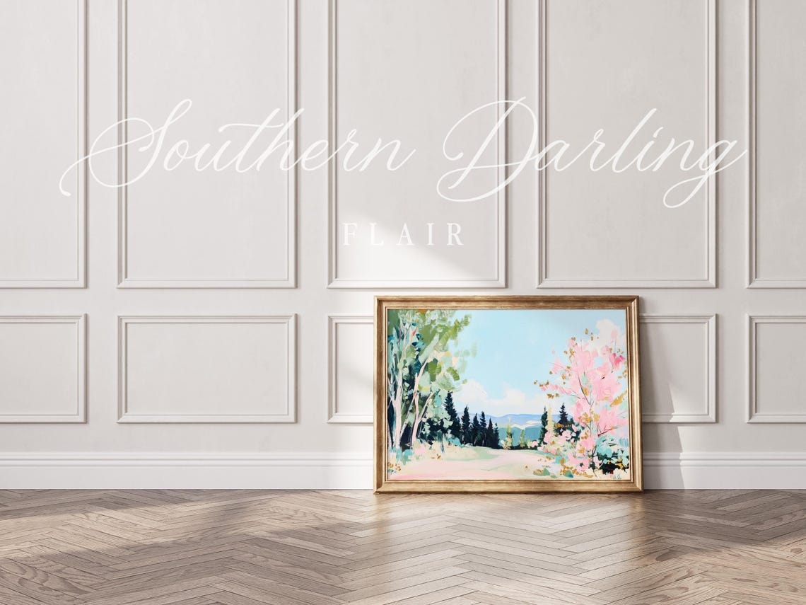 Pastel Mountain Landscape With Pine Trees And Pink Blossoms Poster - Image 3