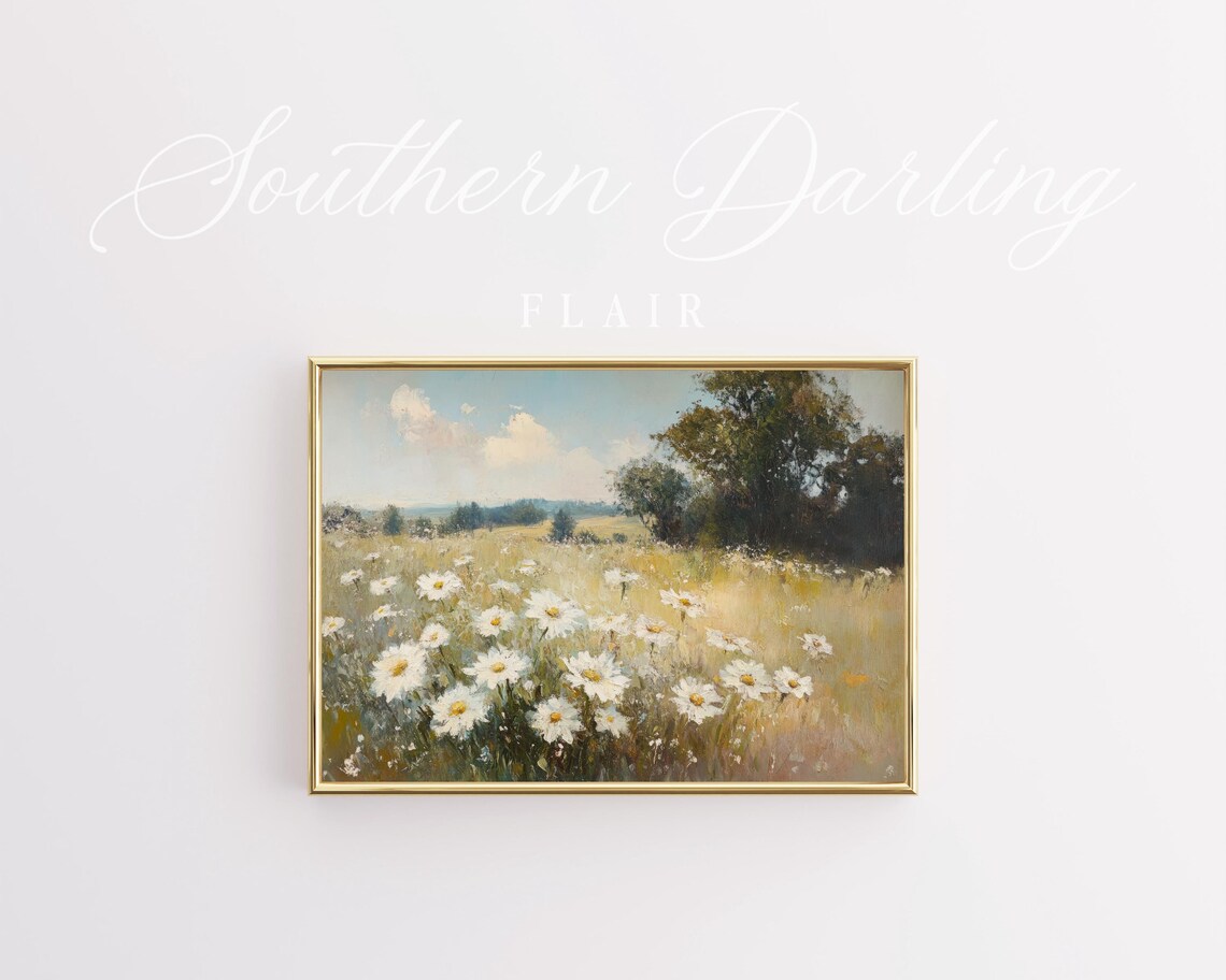 Vintage White Daisy Field Wildflower Meadow Country Landscape Poster - Image 3