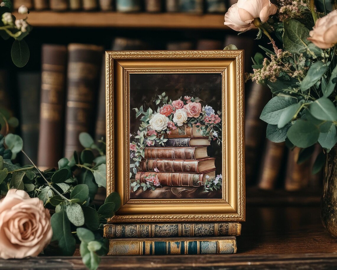 Stack Of Vintage Books With Pink Roses Dark Moody Library Poster - Image 4