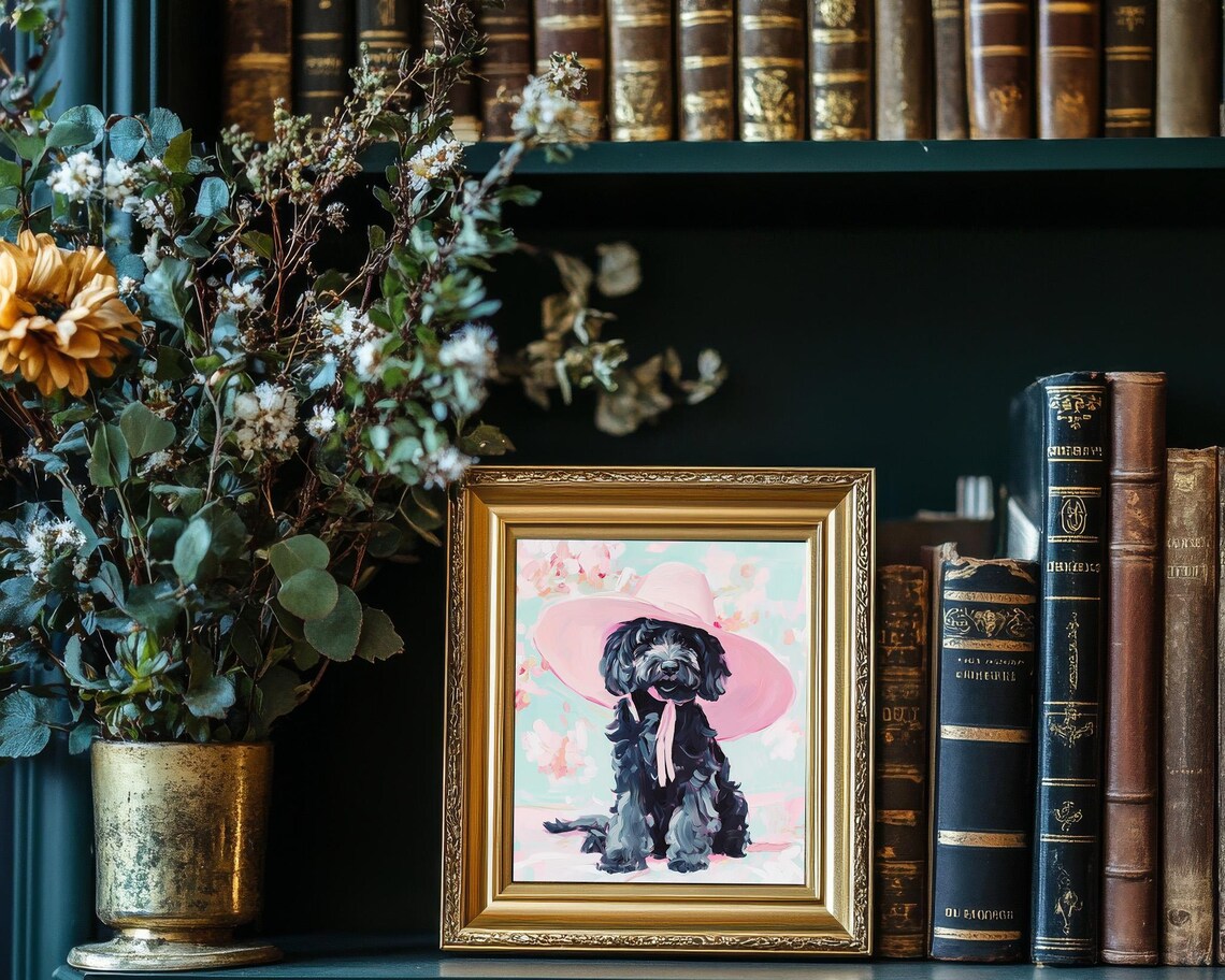 Black Goldendoodle In Pink Sun Hat Pastel Dog Portrait Art Poster - Image 4