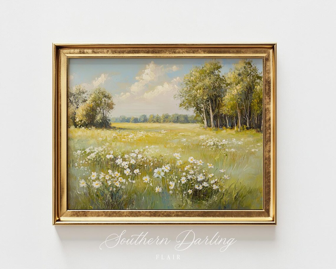 Vintage Daisy Meadow In Soft Green And Gold Countryside Poster
