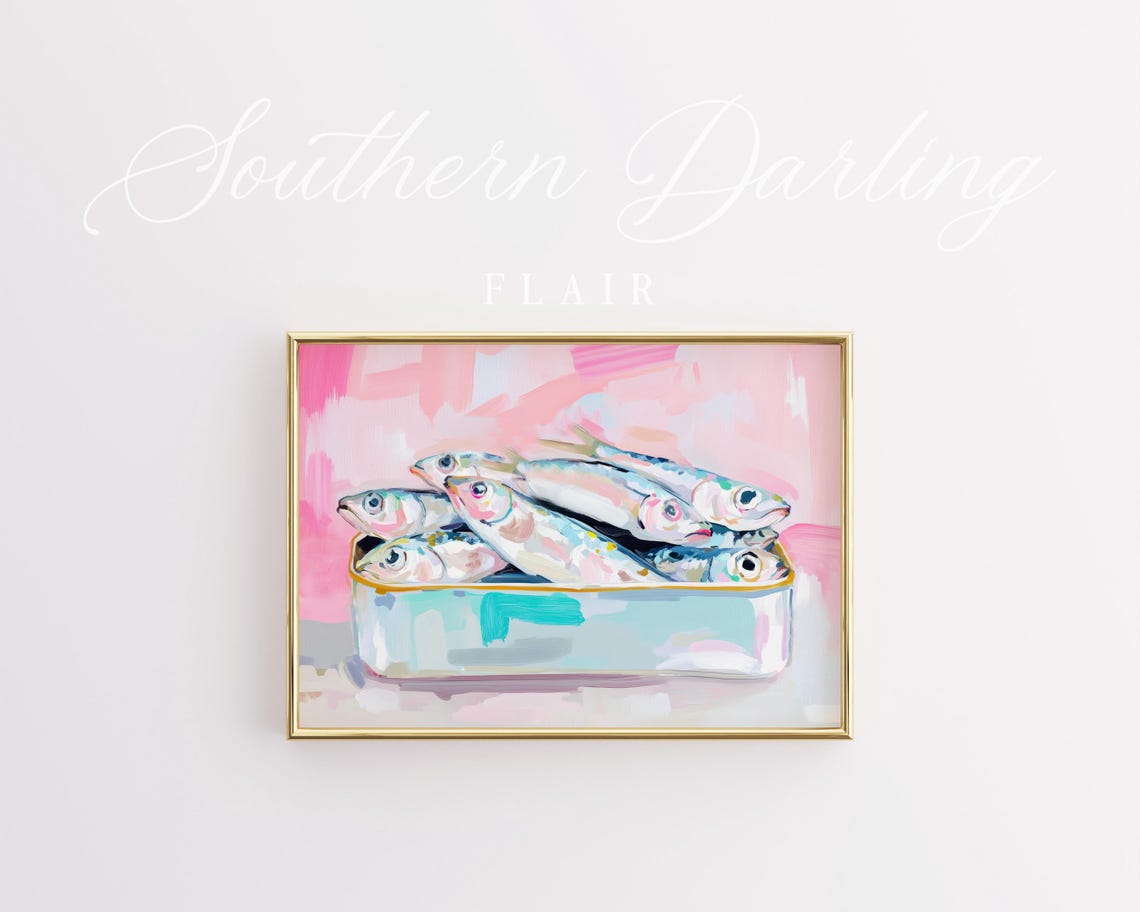 Sardines In Tin Pastel Pink Background Whimsical Seafood Art Poster - Image 2