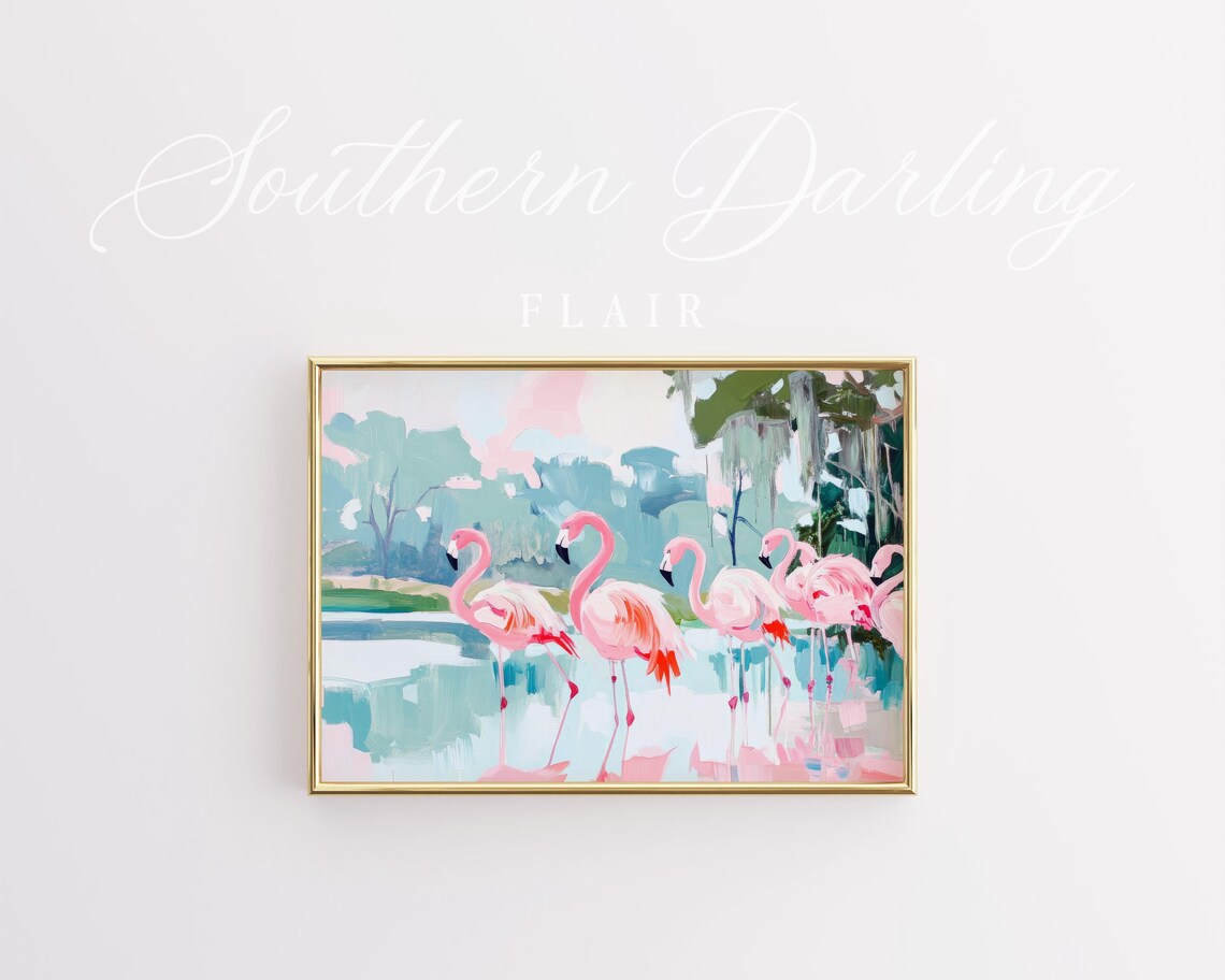 Pink Flamingos Wading In Lagoon Pastel Tropical Bird Art Poster - Image 4
