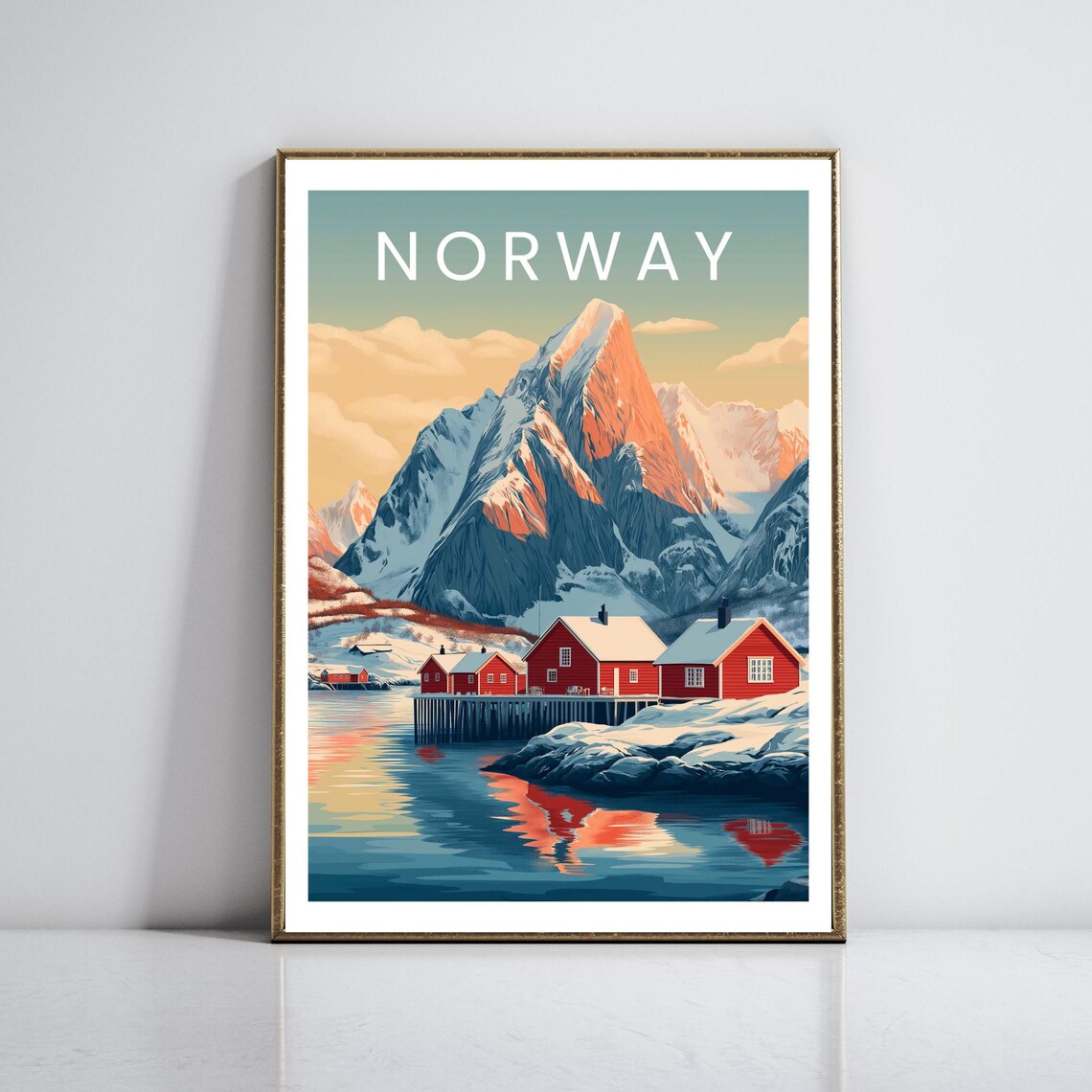 Norway Lofoten Islands Red Cabins Snowy Fjord Sunset Travel Poster