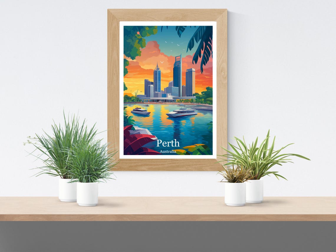 Perth Australia City Skyline at Sunset Over the River Poster - Image 2
