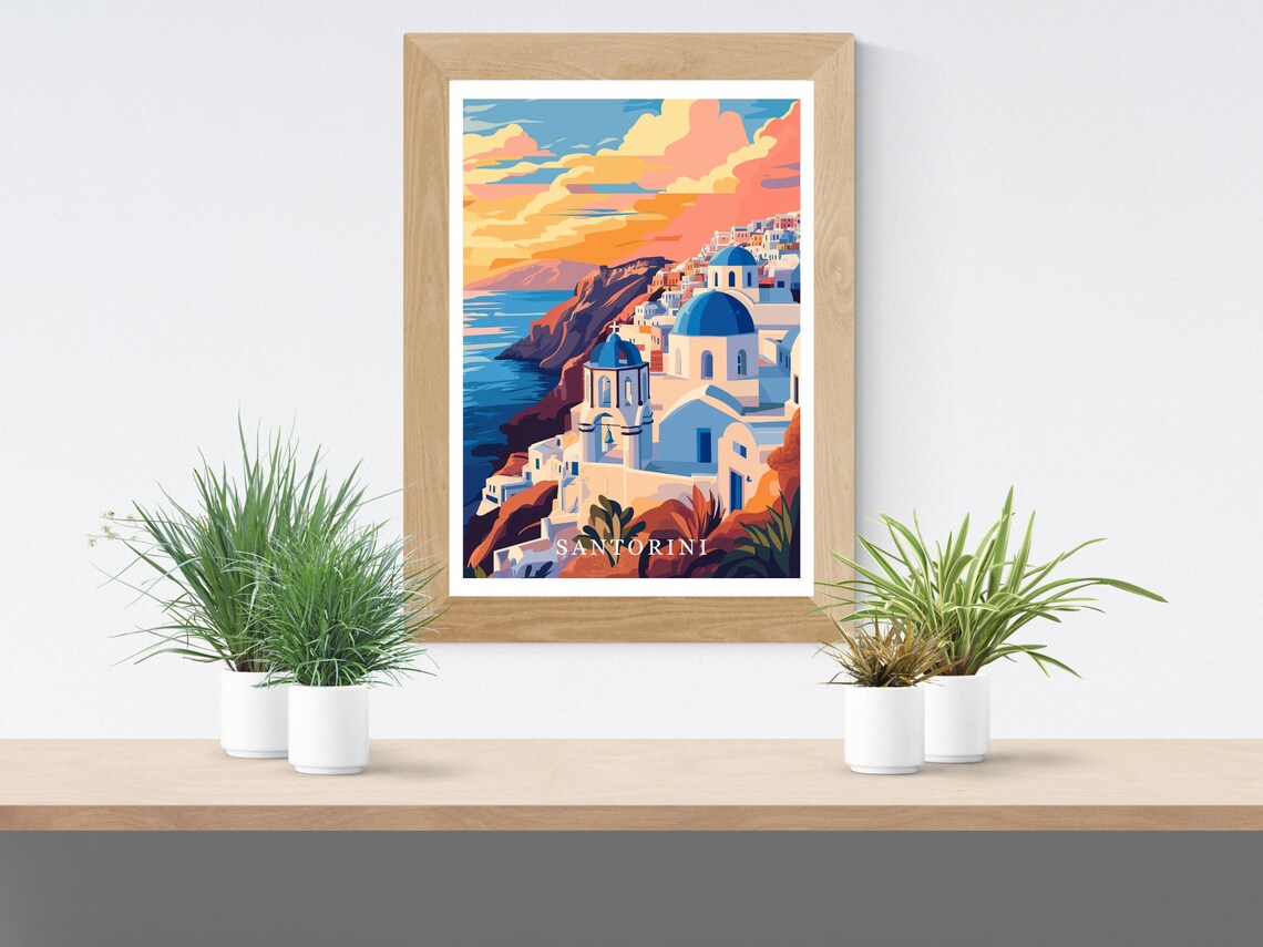 Santorini Greece Blue Domed Village Sunset Coastline Travel Poster - Image 2