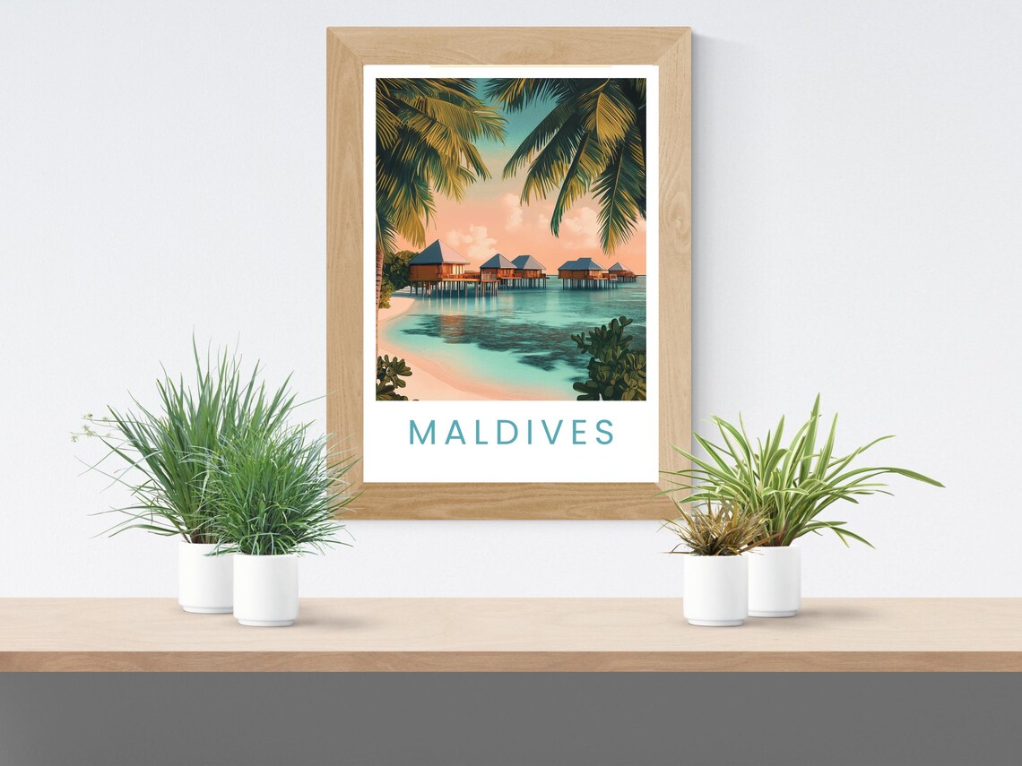 Maldives Overwater Villas Turquoise Lagoon Sunset Travel Poster - Image 2
