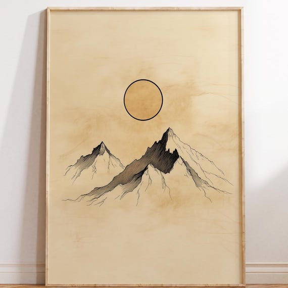 Minimalist Japandi Mountain Zen Wall Art Abstract Nature Scene Wabi Sabi Mountains Sun Calm Meditation Room Decor Art