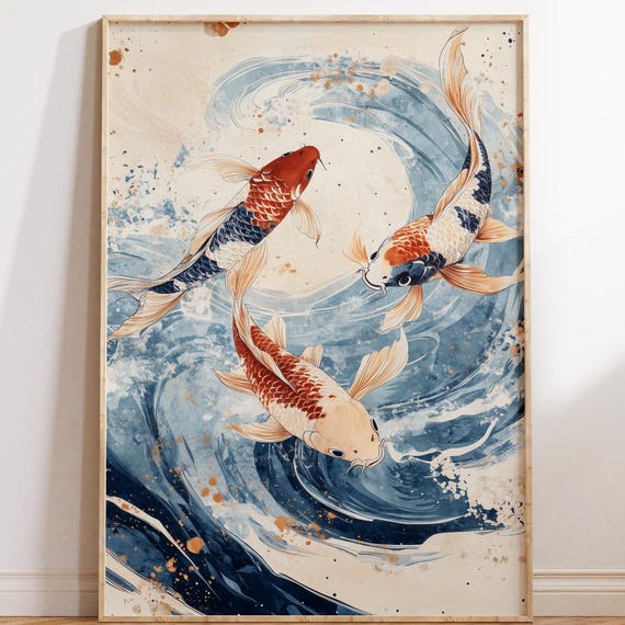 Dancing Koi Trio Japandi Minimalist Wall Art Zen Koi Fish Print Wabi Sabi Decor Japanese Fish Art Meditation Room Decor
