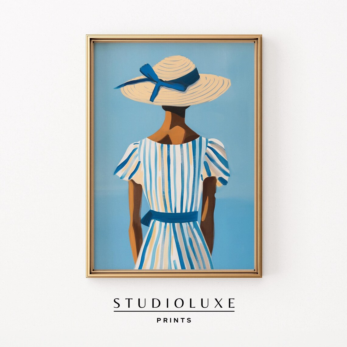 Woman In Sun Hat Striped Dress Looking At Sea Coastal Poster