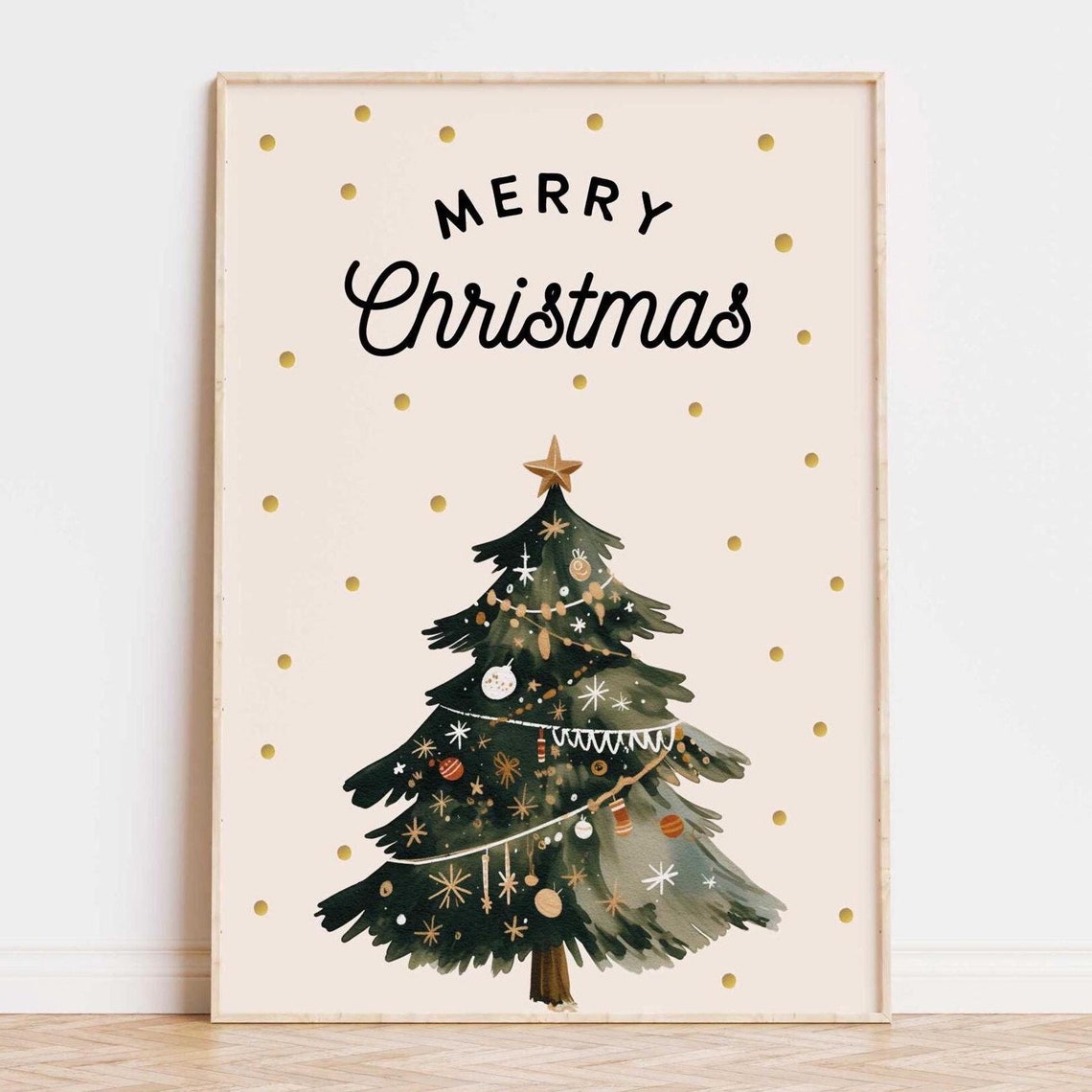 Neutral Black Merry Christmas Script Cream Watercolor Tree Poster