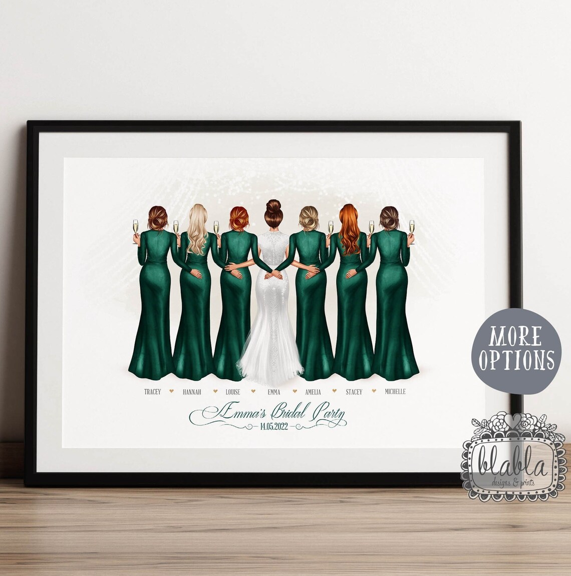 Personalised Bridal Party Poster With Seven Women in Dark Green Gowns