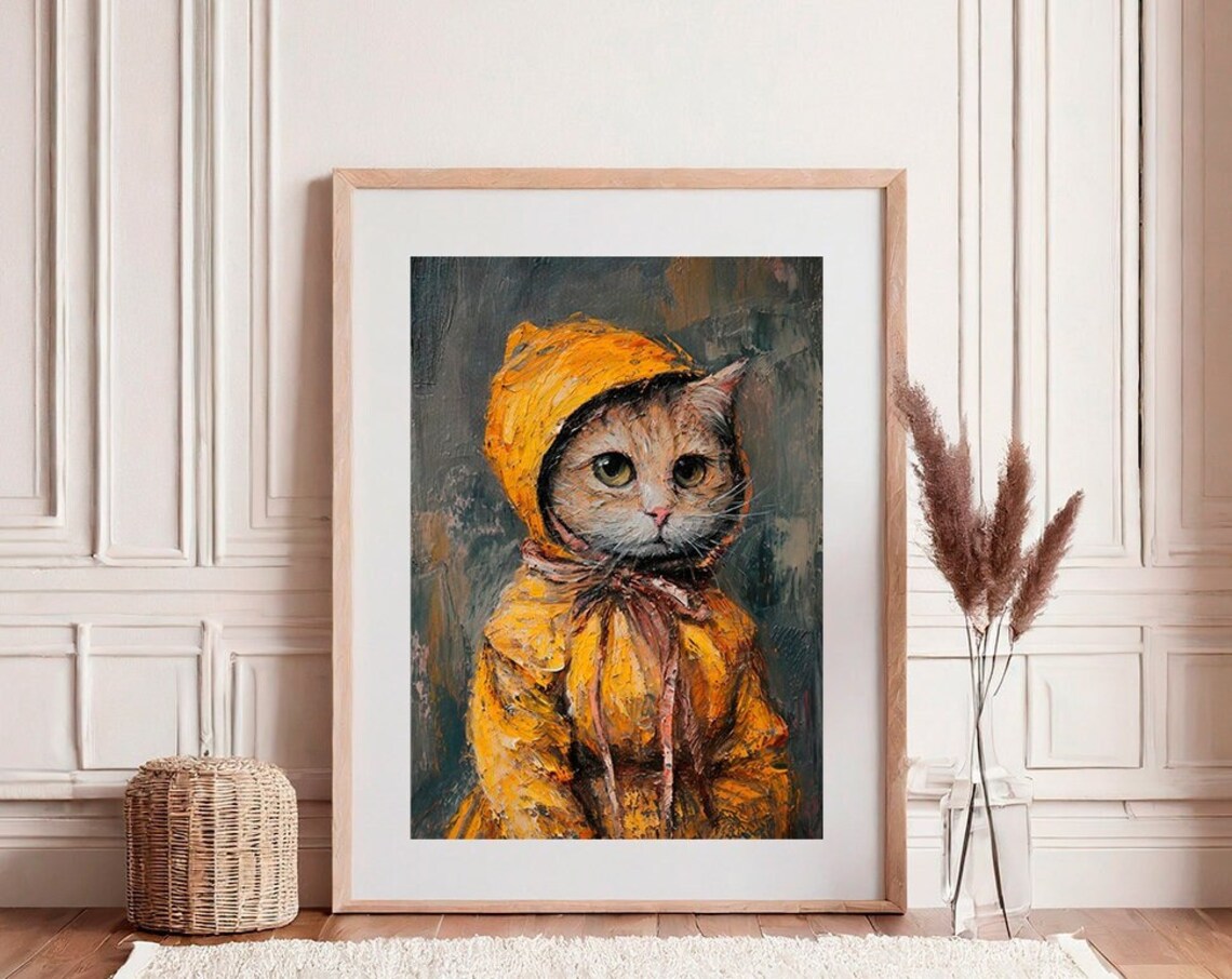 Cat in Yellow Hood Oil Painting Funny Pet Portrait Cute Animal Poster