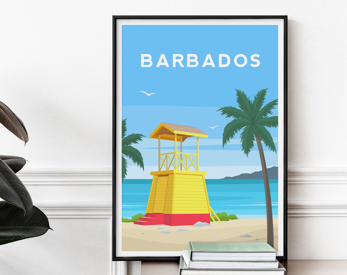 Barbados Beach Lifeguard Tower Palm Trees Caribbean Travel Poster