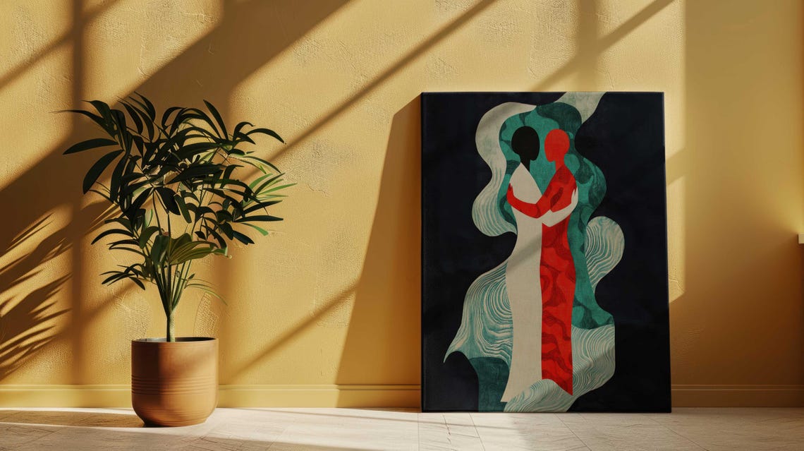 Embracing Couple Red White Figures Teal Waves Dark Wall Poster - Image 3