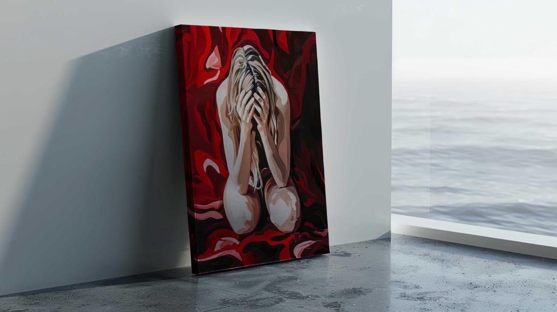 Red Background Crouching Woman Figure Emotional Abstract Art Poster