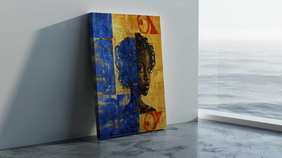 Abstract Black Girl Portrait Blue Gold Blocks Red Accent Art Poster - Image 4