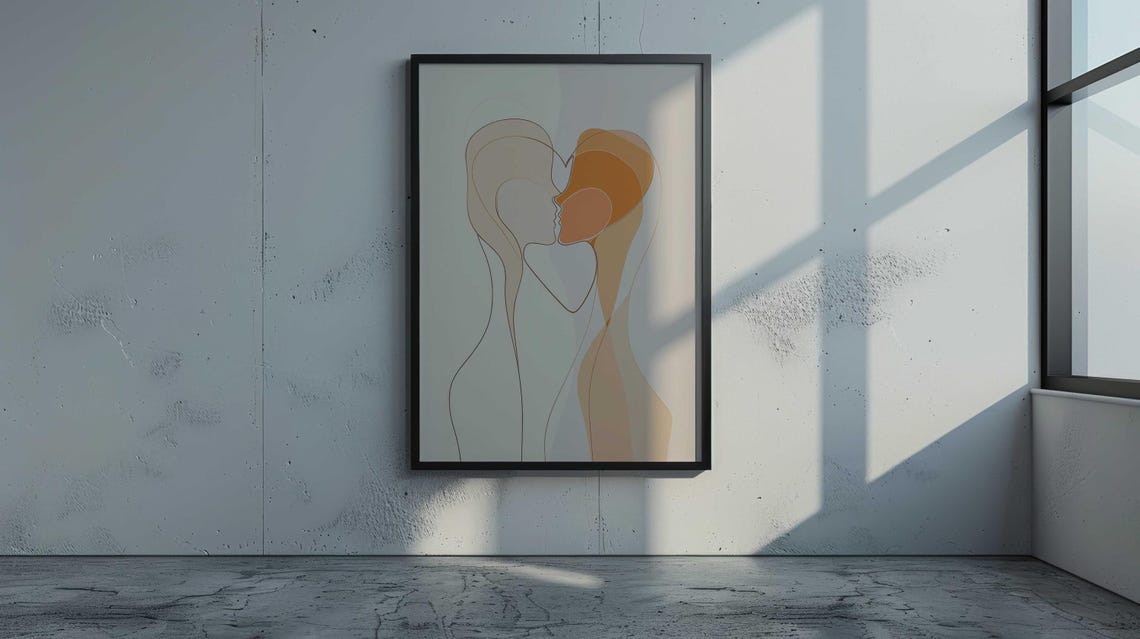 Minimalist Line Art Couple Heart Face Modern Beige Wall Poster - Image 3