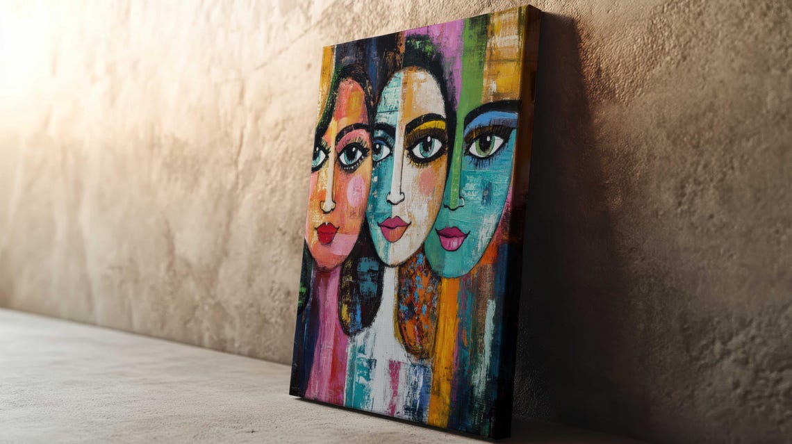 Vibrant Three Colorful Abstract Female Faces Pop Art Style Wall Art
