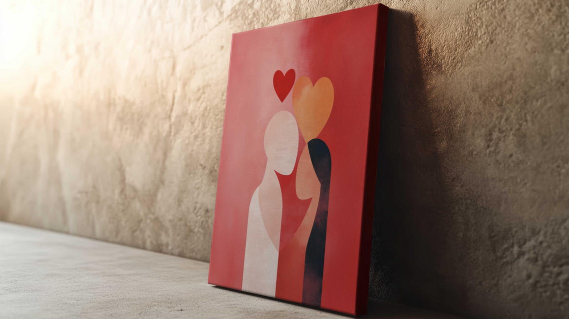 Minimalist Embracing Couple Hearts Red Background Romantic Love Poster