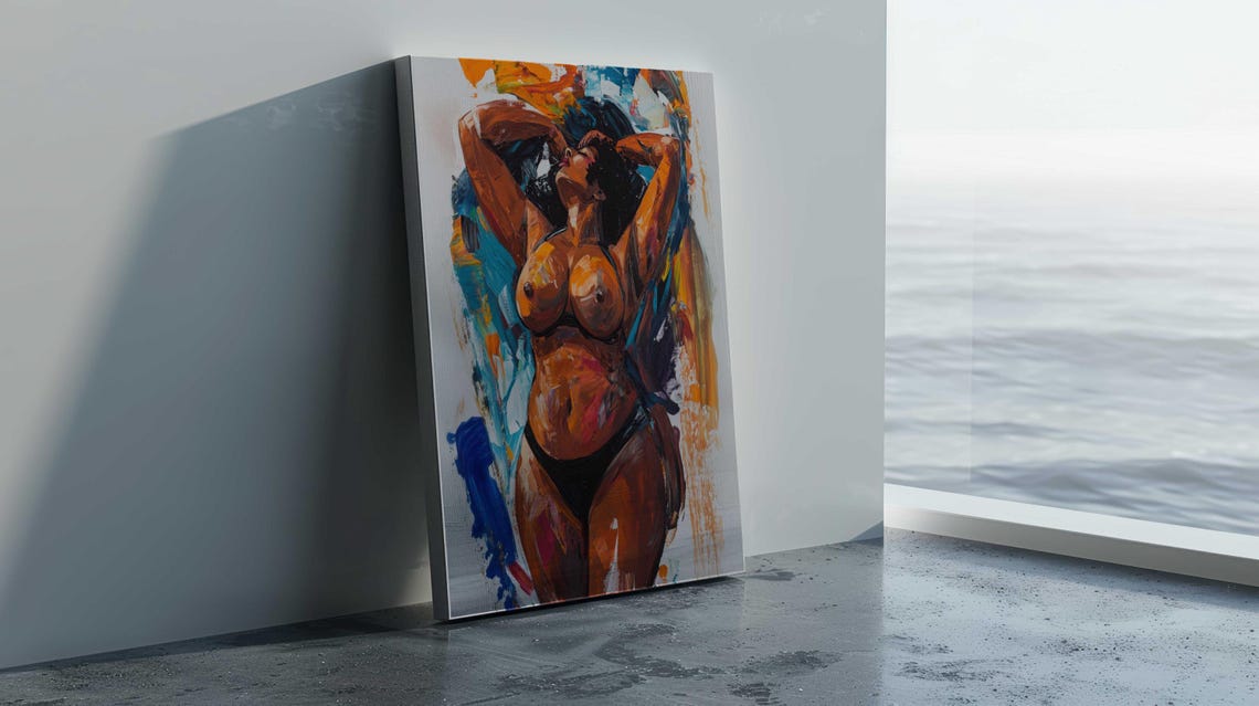 Curvy Nude Woman Dancing Arms Raised Warm Orange Brushwork Wall Art - Image 3