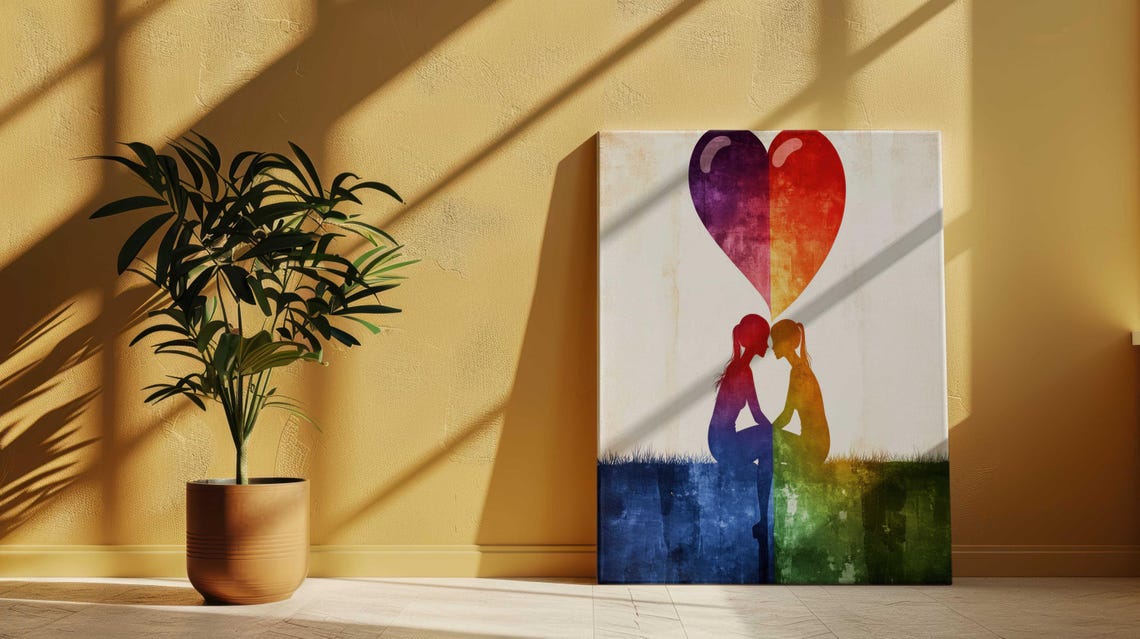 Two Women Kissing Rainbow Heart Watercolor LGBTQ Love Couple Poster - Image 3