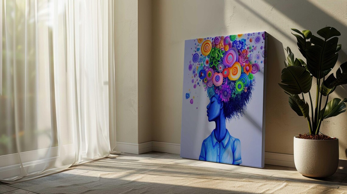 Blue Woman Profile Colorful Flower Spiral Hair Dreamy White Wall Art
