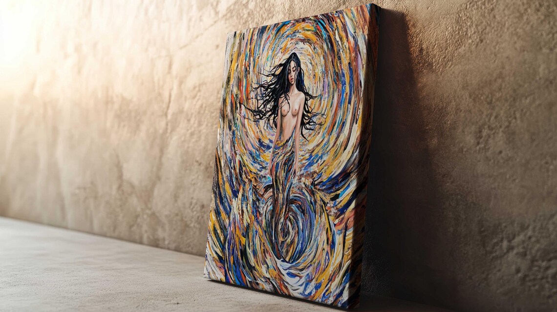 Nude Woman Long Black Hair Swirling Colorful Vortex Oil Art Poster - Image 2