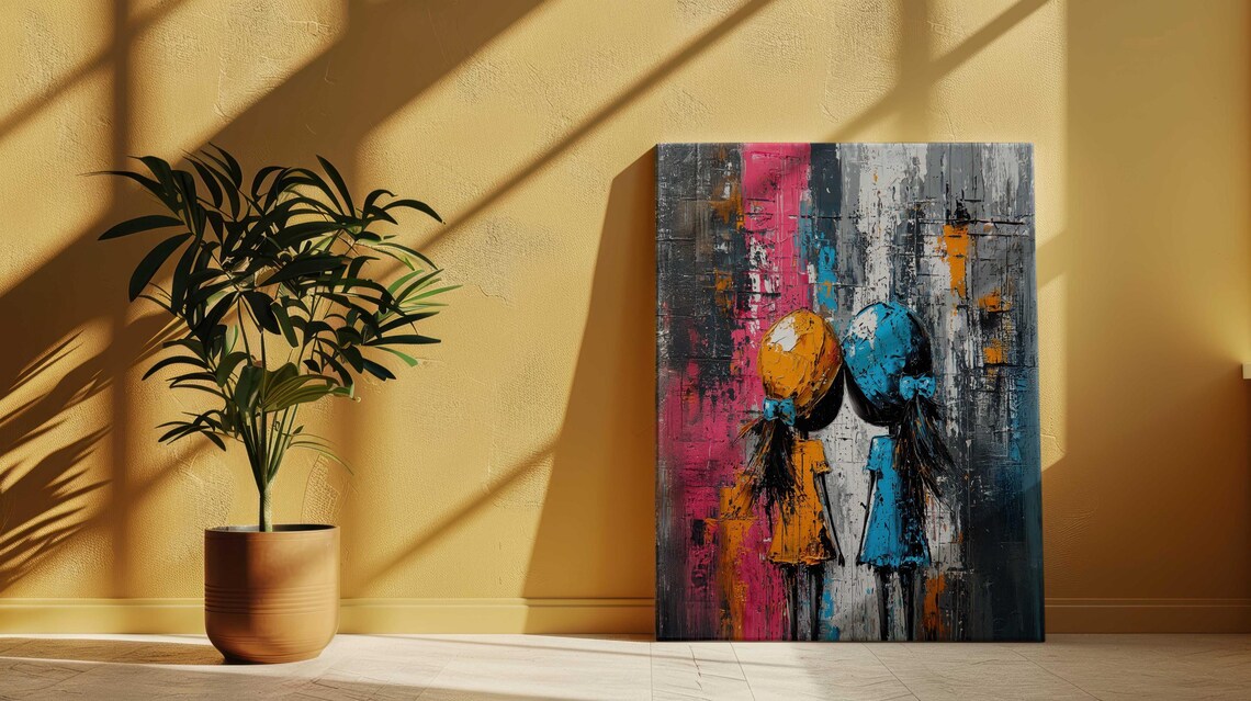 Two Little Girls With Balloons Childhood Friendship Colorful Wall Art - Image 3
