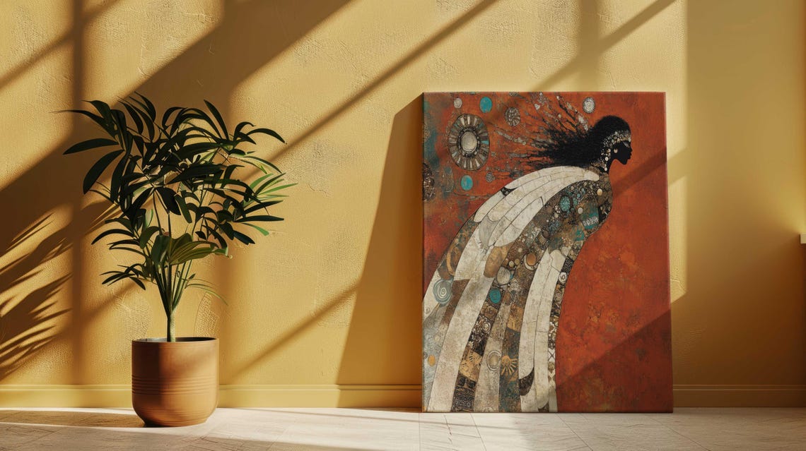 African Woman Mosaic Gown Klimt Inspired Burnt Orange Wall Art - Image 4
