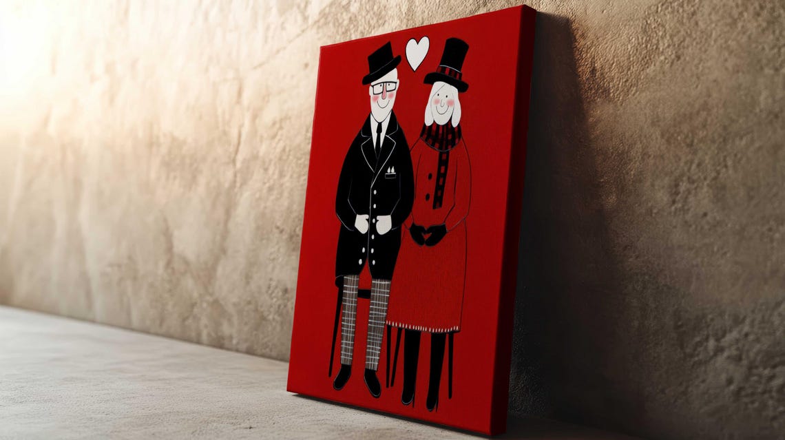 Romantic Vintage Elderly Couple Red Heart Love Canvas Poster - Image 2