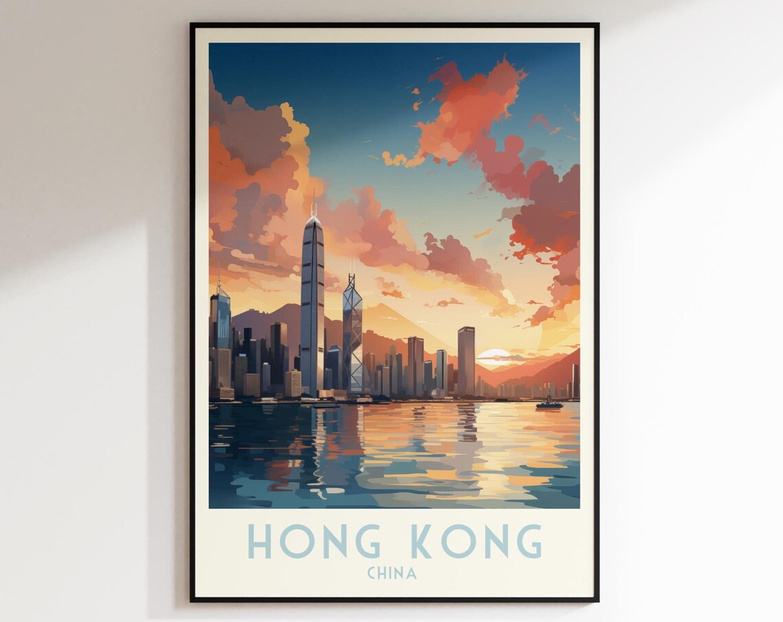 Hong Kong China Victoria Harbour Sunset Skyline Travel Poster