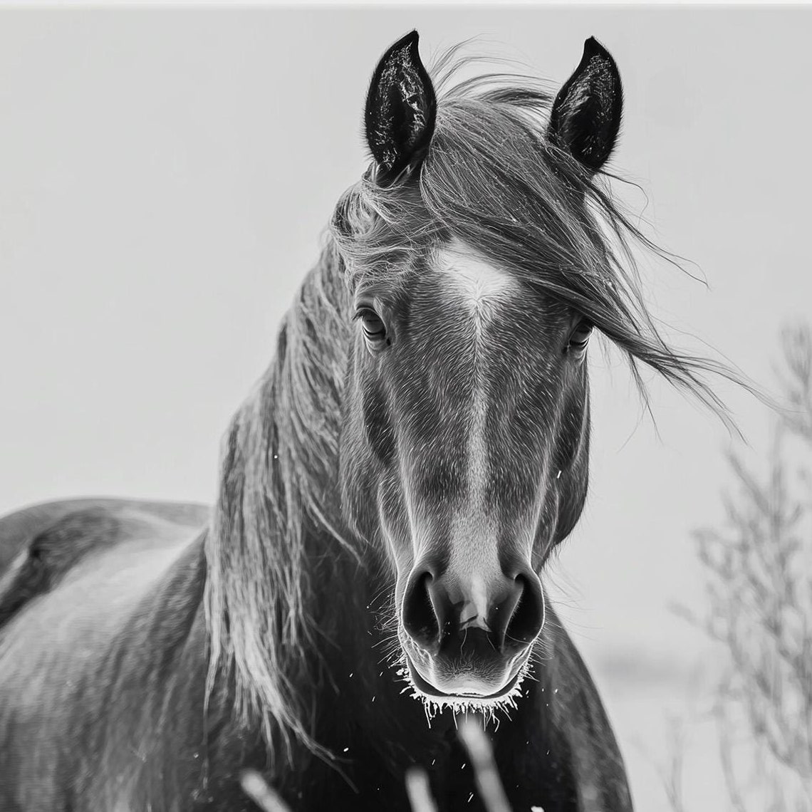 Black and White Horse Portrait With Windswept Mane Equestrian Poster