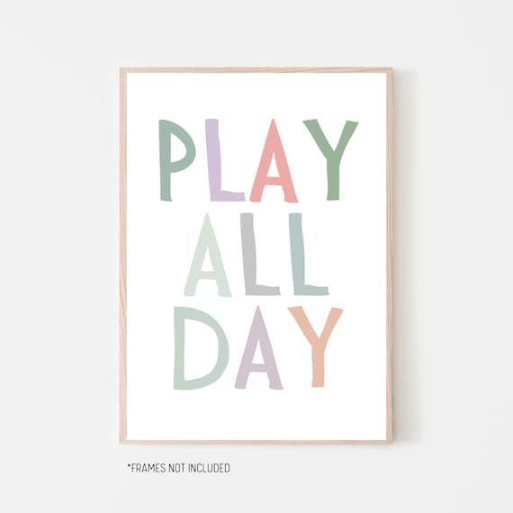 Play All Day Pastel Block Letters Kids Room Nursery Wall Decor Poster