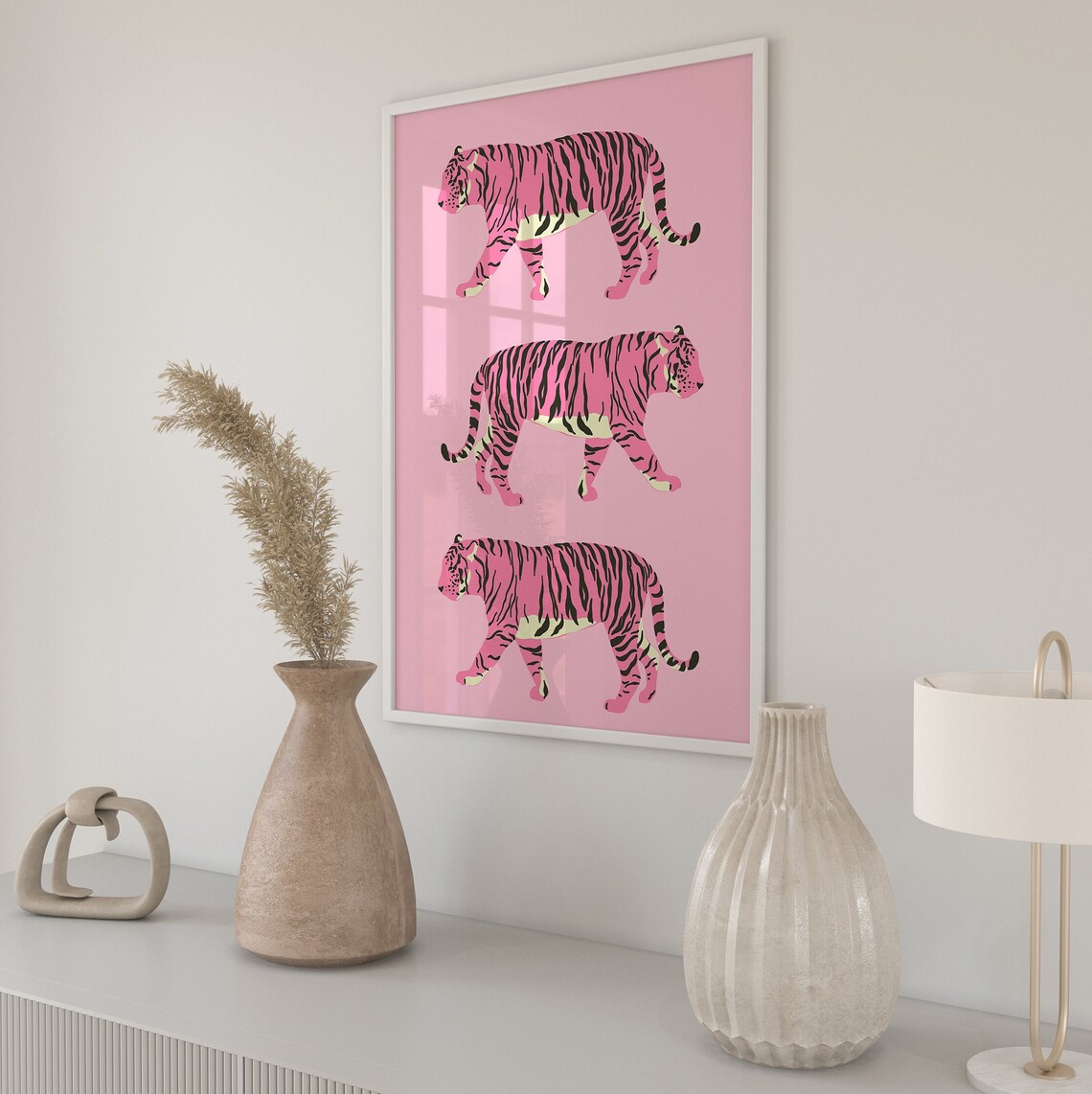 Preppy Pink Tiger Trio Bold Pop Art Animal Illustration Poster