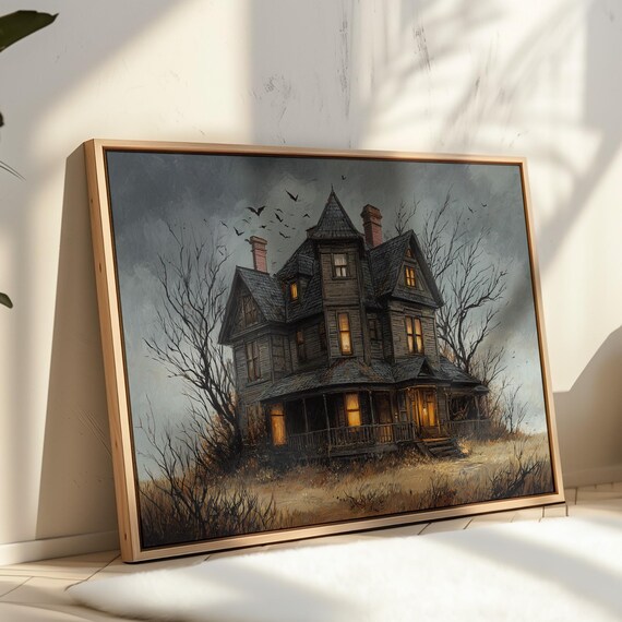 Spooky Victorian Haunted House Lit Windows Crows Gray Night Poster