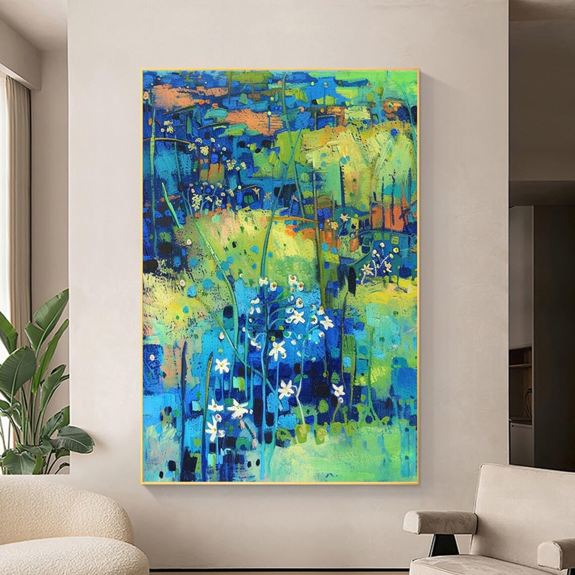 Blue and Green Abstract Wildflower Meadow Oil Painting Poster