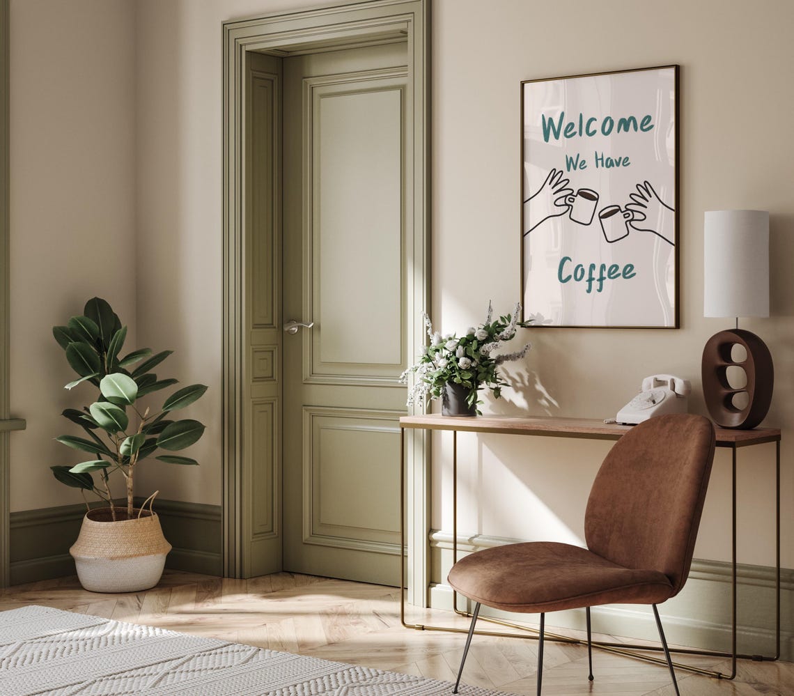 Welcome We Have Coffee Poster with Cheering Mugs Fun Kitchen Decor - Image 3