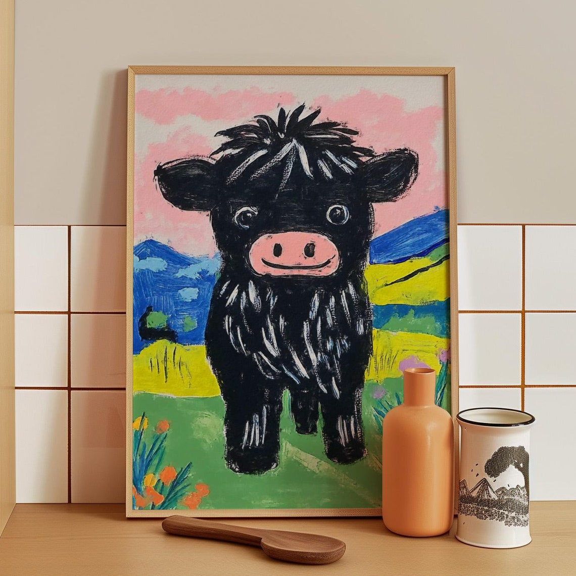 Fluffy Black Highland Cow Calf Under a Pink Cloudy Sky Poster