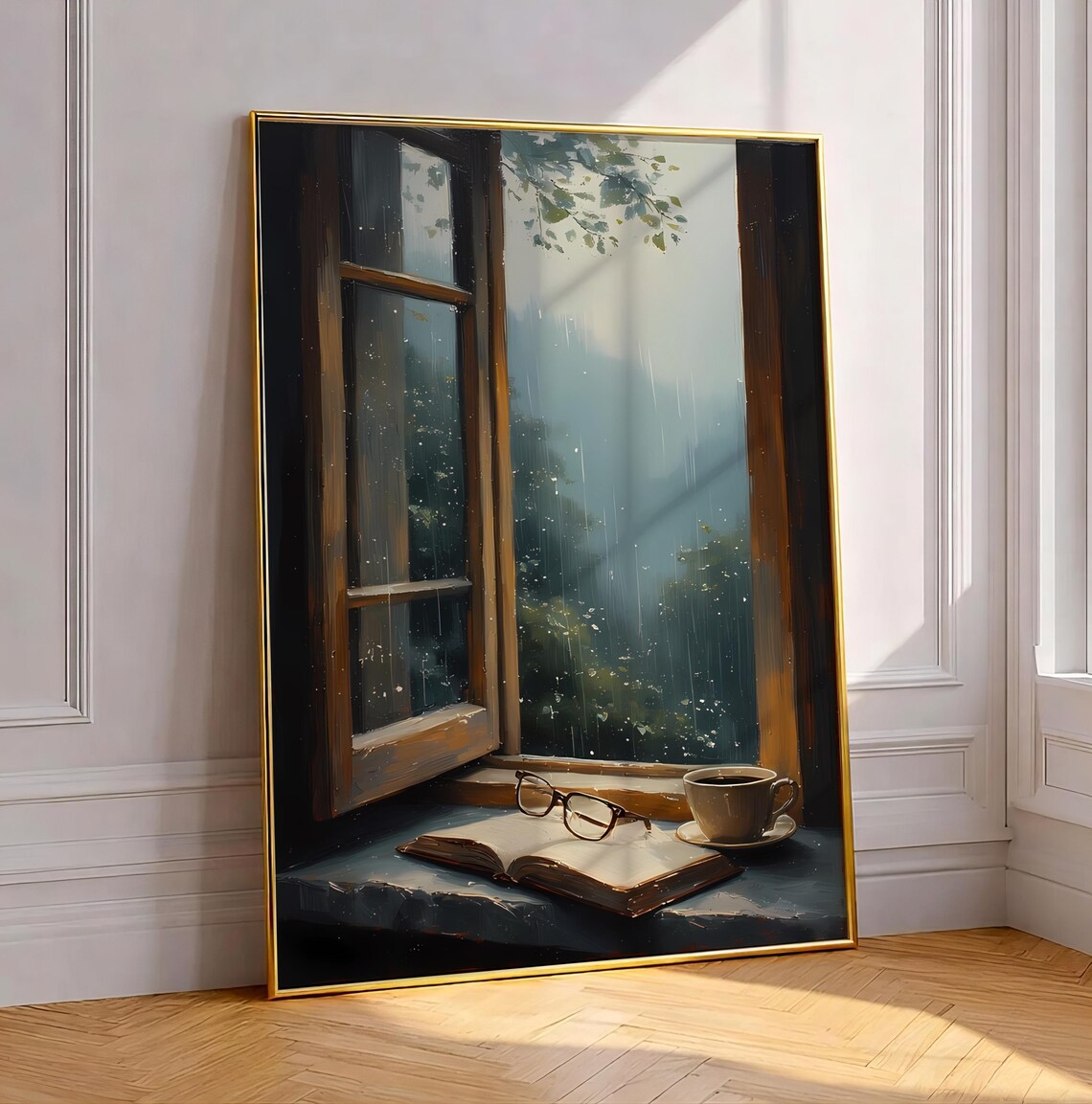 Rainy Morning Window Reading Scene Cozy Book Coffee Calm Still Life Poster