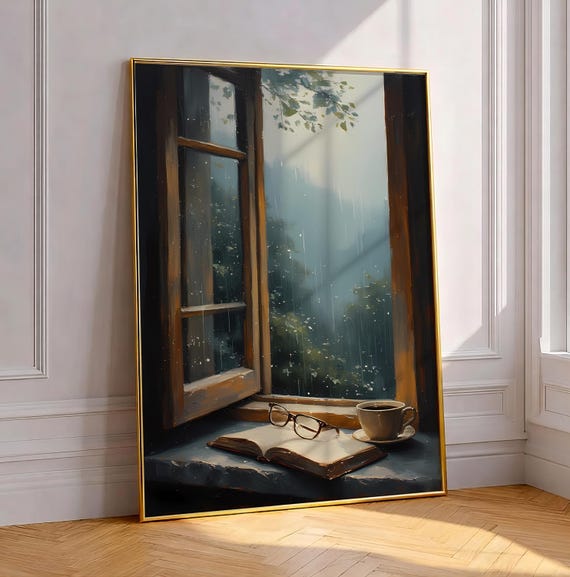 Rainy Morning Cafe In Open Window Wall Art Calm Still Life Painting Reading Coffee Matisse Print Bookish Bookshelf Decor Winter Poster
