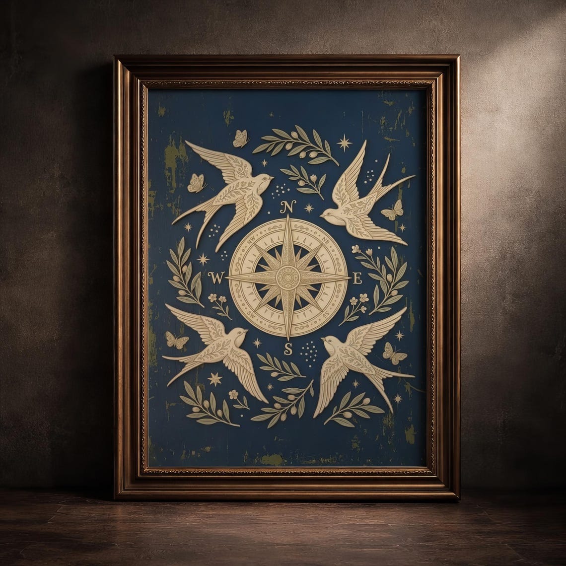 Celestial Swallow Compass Rose Nautical Vintage Navy Blue Art Poster