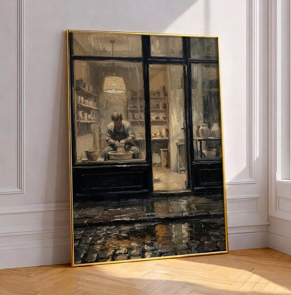 Late Night Pottery Studio Ceramic Artist Moody Window Oil Painted Poster