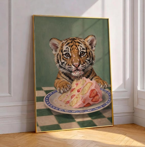 Cute Tiger Eating Cake Poster Print, Kitchen Decor