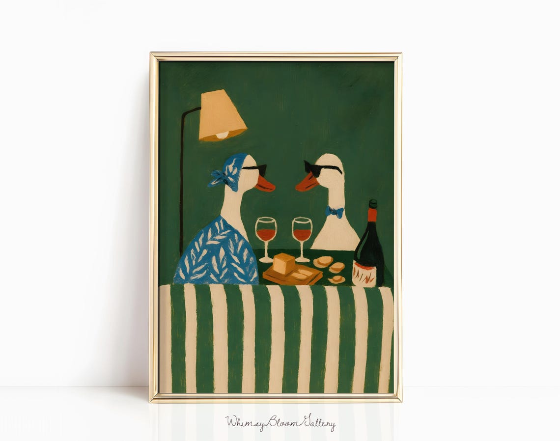 Silly Geese Wine and Cheese Dinner Party Whimsical Art Poster