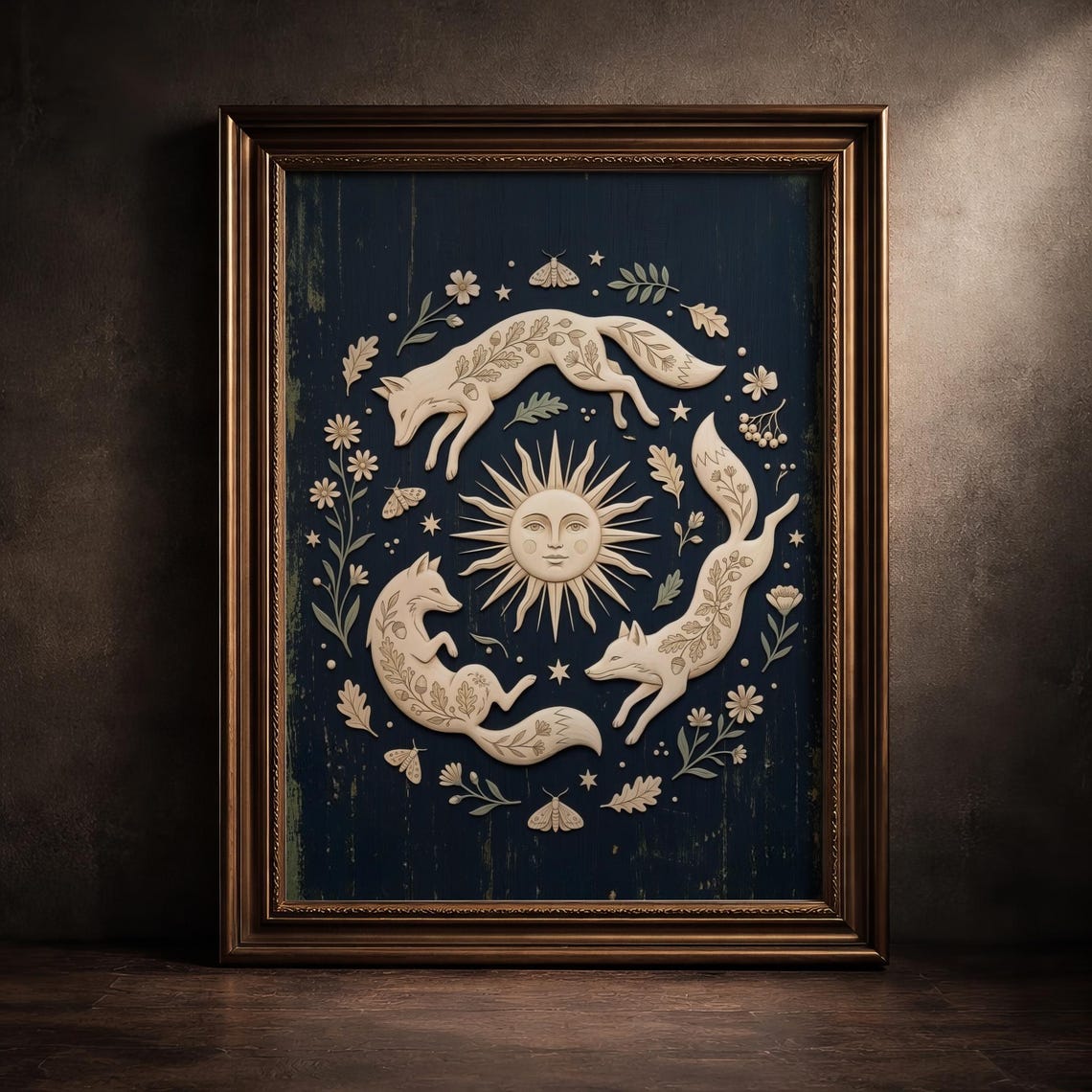 Foxes Sun Folk Art Navy Blue Vintage Celestial Wildlife Poster