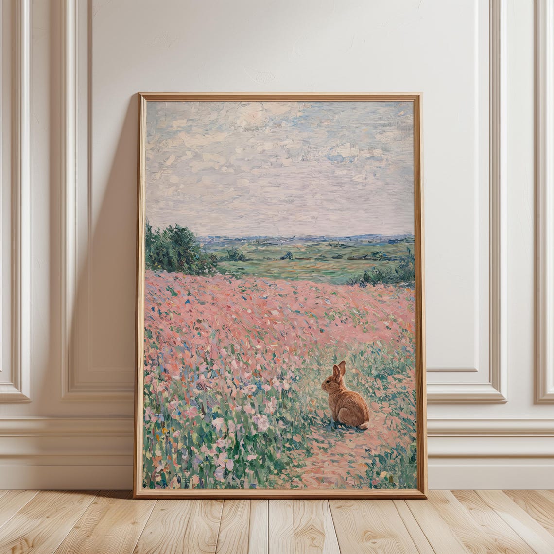 Bunny Rabbit in Pink Wildflower Meadow Impressionist Art Poster